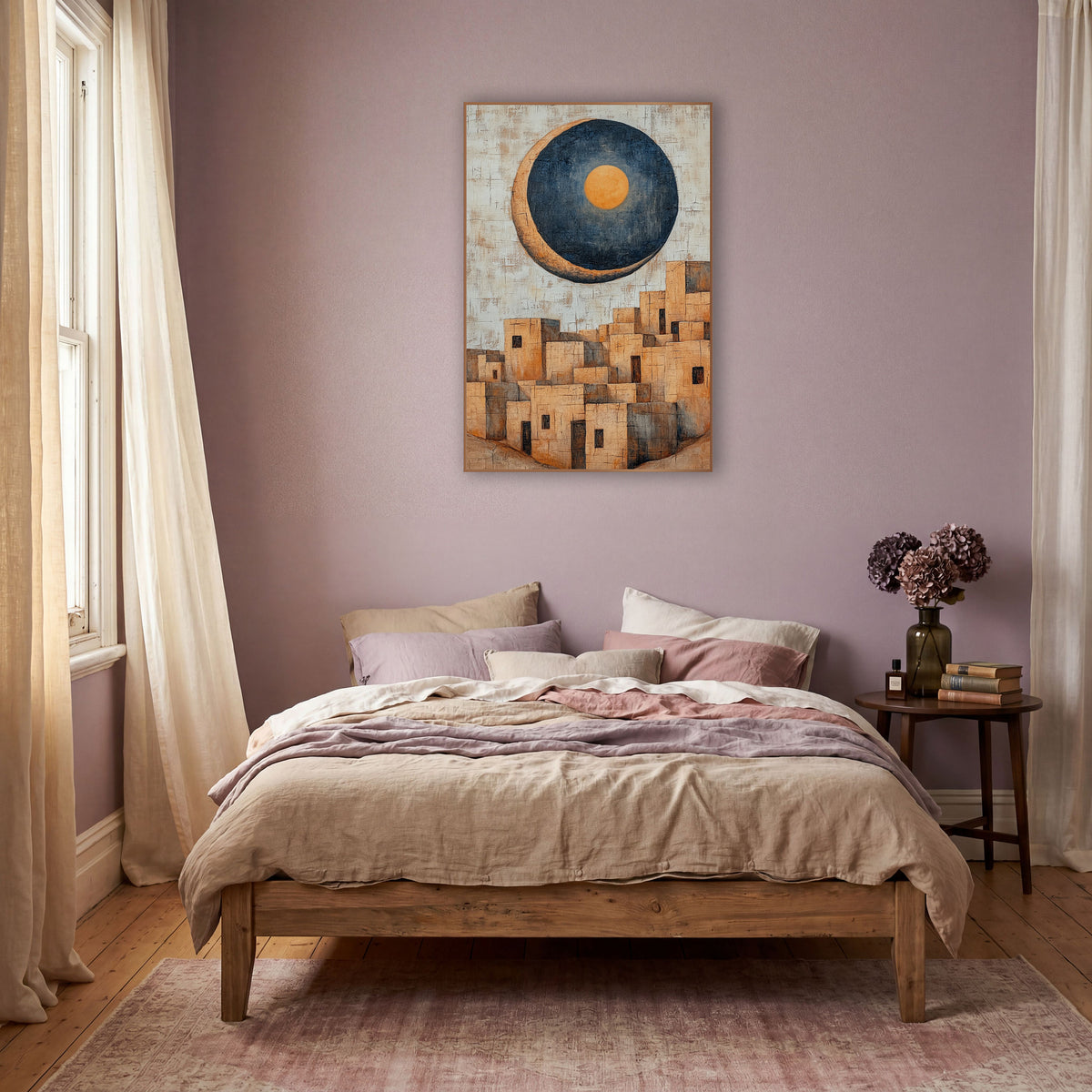 Looming Moon Pueblo Boho wall art in a warm boho-style room – large navy crescent moon with orange center above