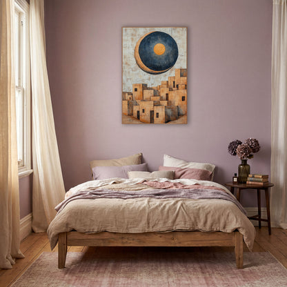 Looming Moon Pueblo Boho wall art in a warm boho-style room – large navy crescent moon with orange center above