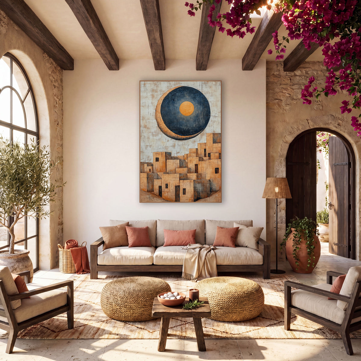 Looming Moon Pueblo Boho wall art in a warm boho-style room – large navy crescent moon with orange center above