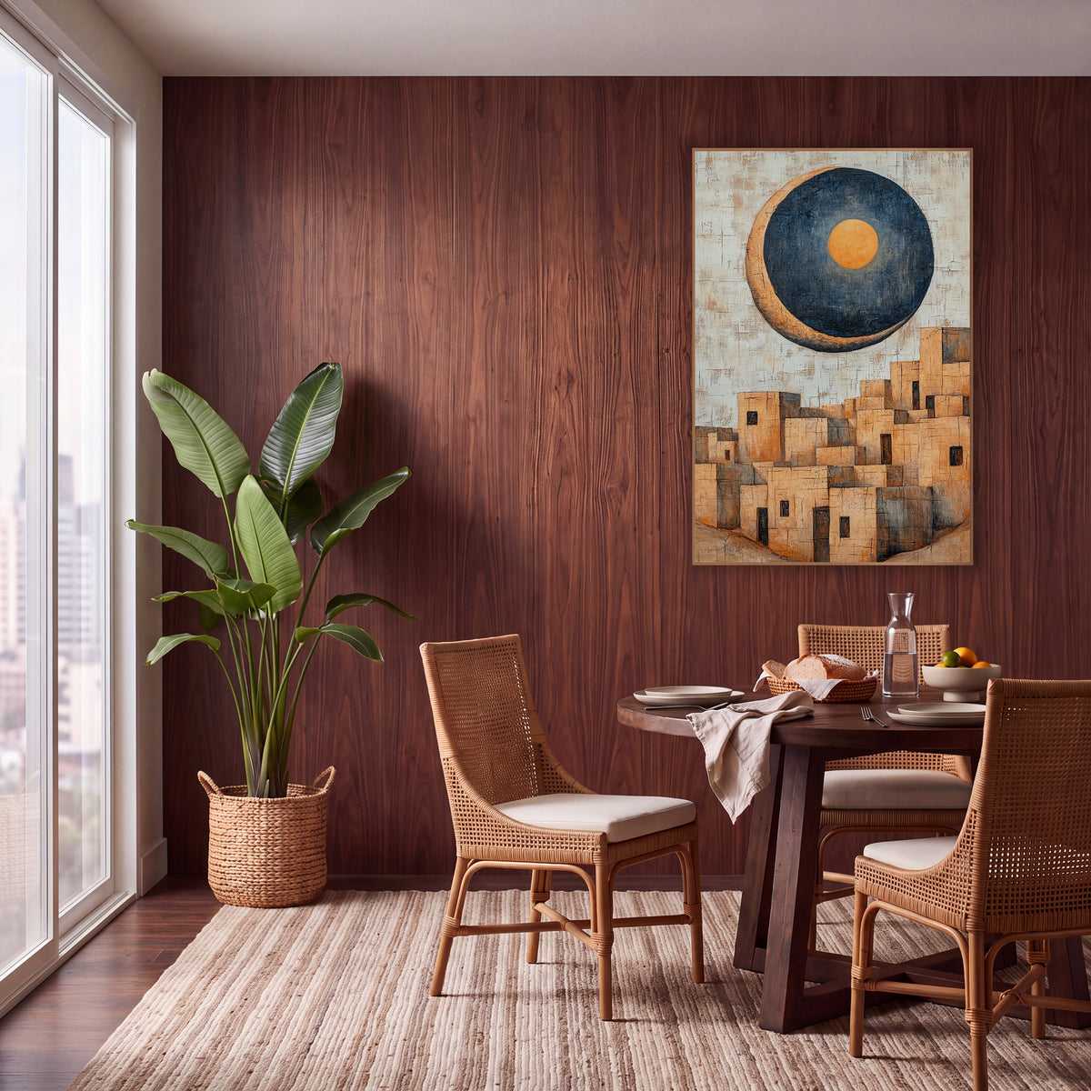 Looming Moon Pueblo Boho wall art in a warm boho-style room – large navy crescent moon with orange center above