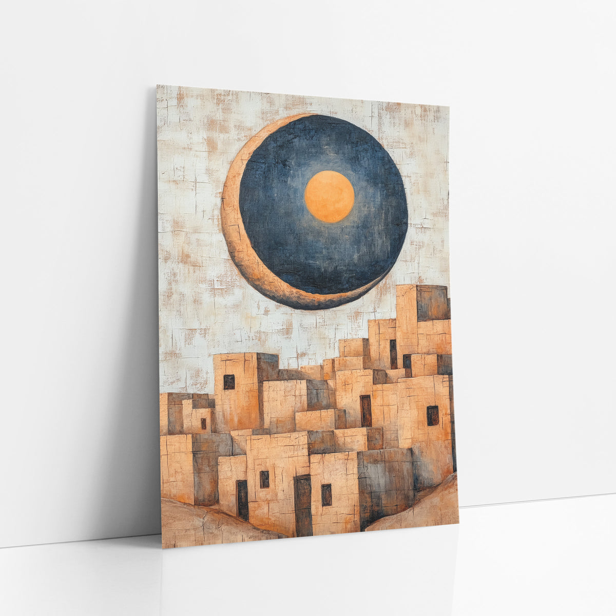 Looming Moon Pueblo Boho art print leaning against a white wall – large navy crescent moon with orange center above stacked