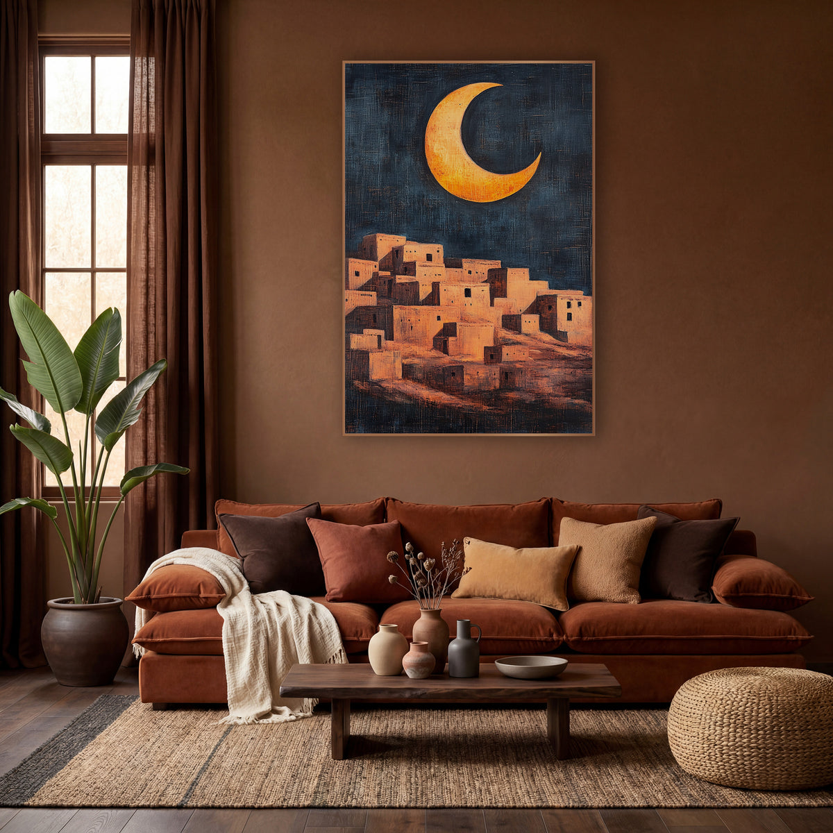 Golden Crescent Adobe Village Bohemian wall art in a warm boho-style room – golden crescent moon over a hillside