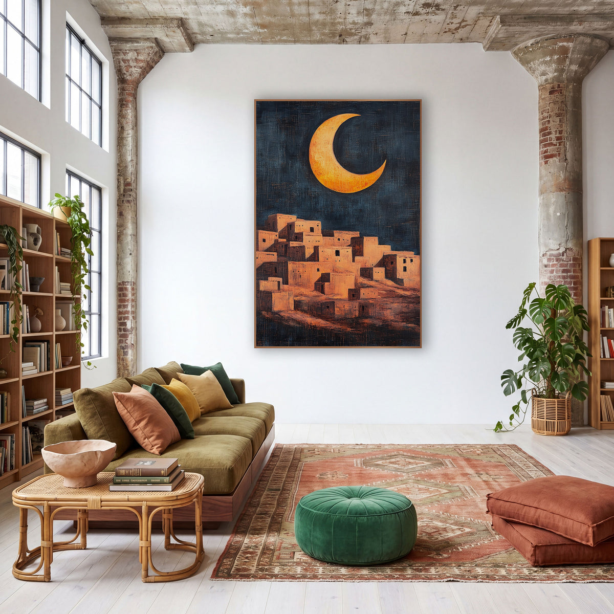 Golden Crescent Adobe Village Bohemian wall art in a warm boho-style room – golden crescent moon over a hillside