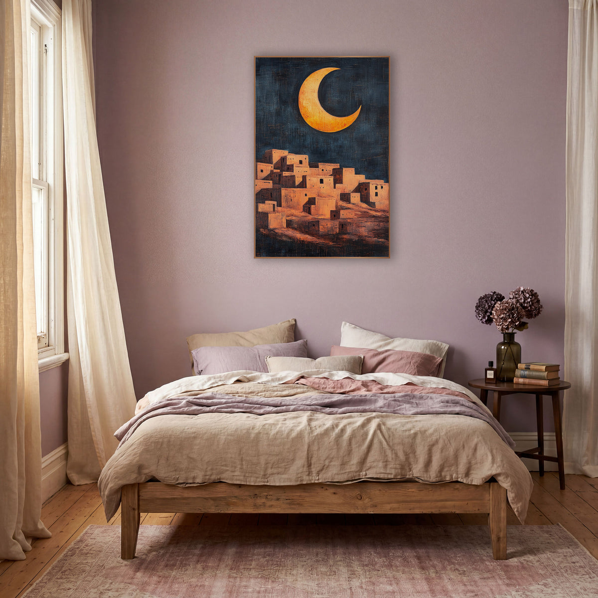 Golden Crescent Adobe Village Bohemian wall art in a warm boho-style room – golden crescent moon over a hillside