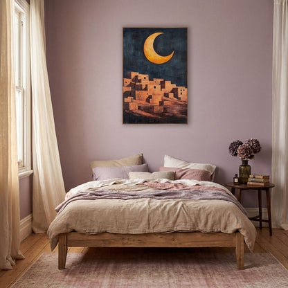 Golden Crescent Adobe Village Bohemian wall art in a warm boho-style room – golden crescent moon over a hillside