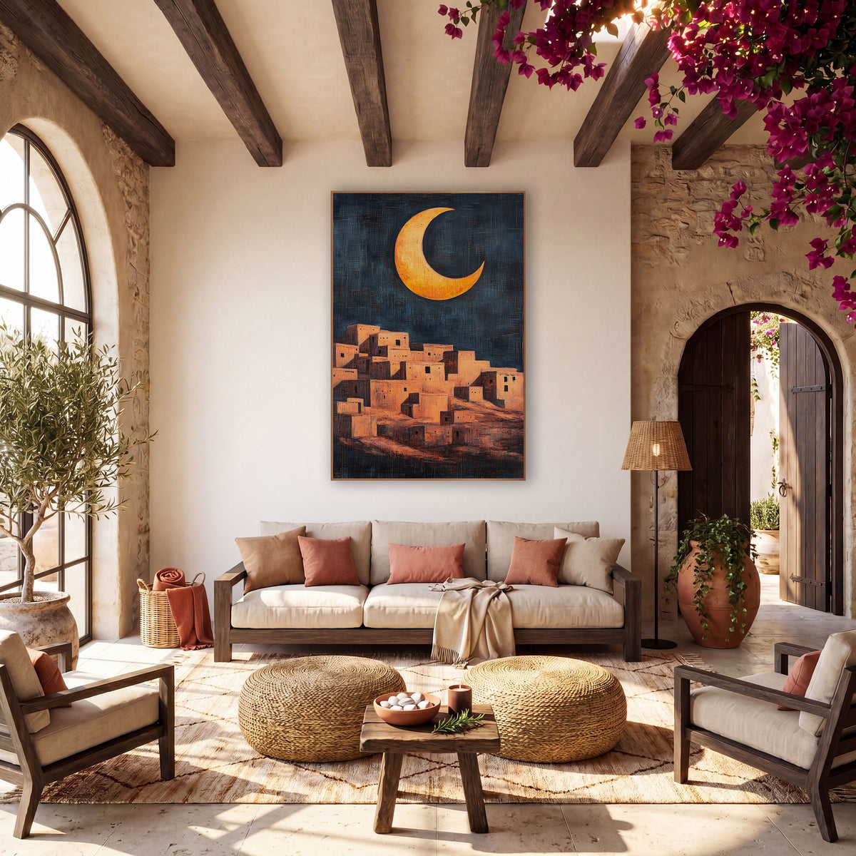 Golden Crescent Adobe Village Bohemian wall art in a warm boho-style room – golden crescent moon over a hillside