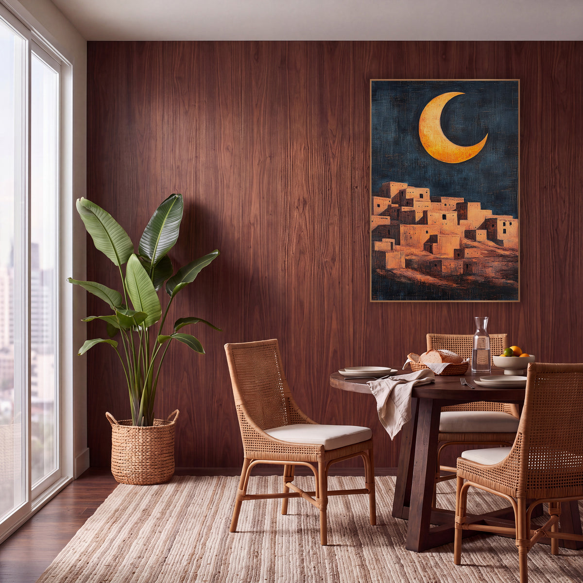 Golden Crescent Adobe Village Bohemian wall art in a warm boho-style room – golden crescent moon over a hillside