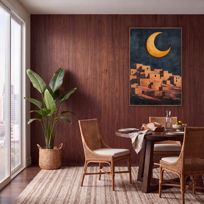 Golden Crescent Adobe Village Bohemian wall art in a warm boho-style room – golden crescent moon over a hillside