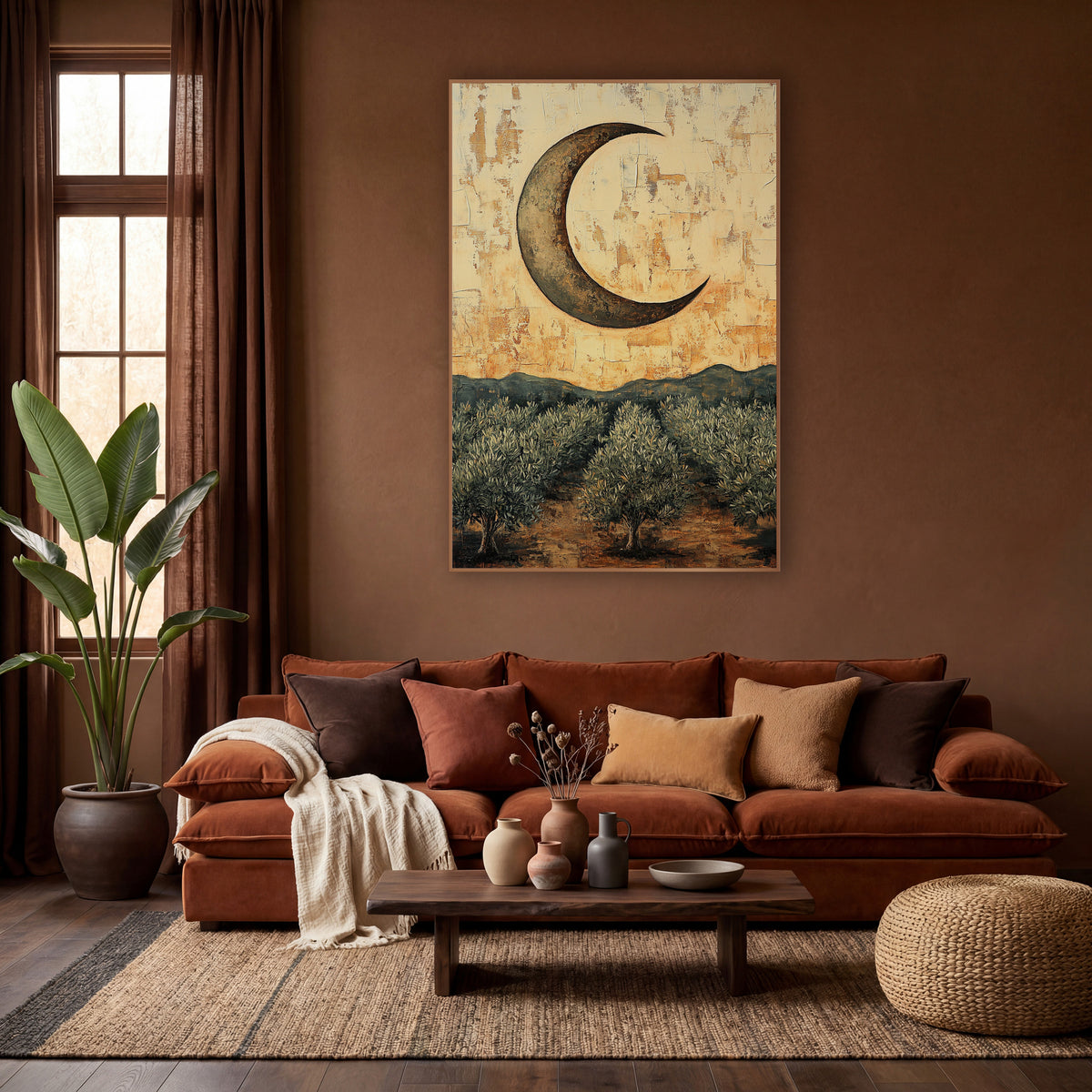 Crescent Moon Olive Grove Boho wall art in a warm boho-style room – bronze crescent moon over rows of silvery olive
