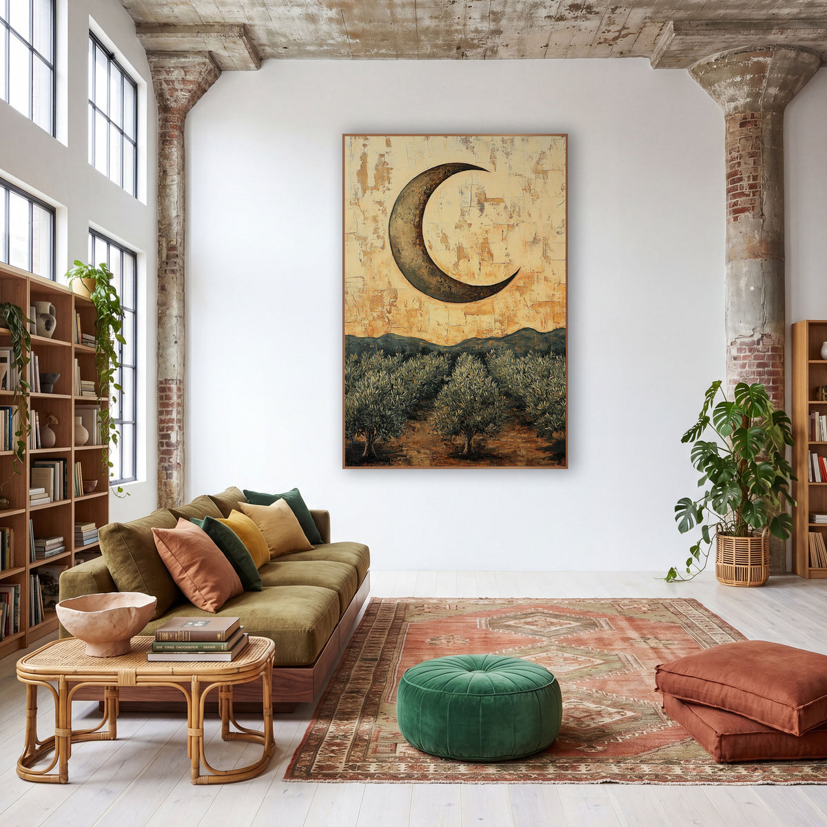 Crescent Moon Olive Grove Boho wall art in a warm boho-style room – bronze crescent moon over rows of silvery olive