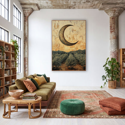 Crescent Moon Olive Grove Boho wall art in a warm boho-style room – bronze crescent moon over rows of silvery olive