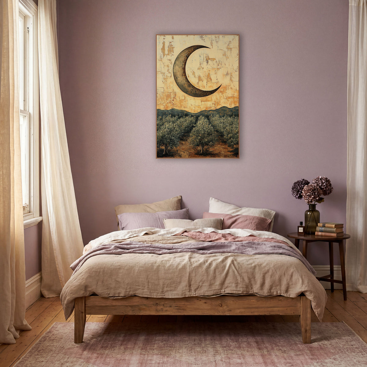 Crescent Moon Olive Grove Boho wall art in a warm boho-style room – bronze crescent moon over rows of silvery olive