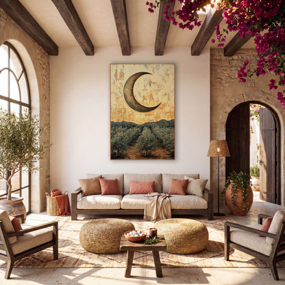 Crescent Moon Olive Grove Boho wall art in a warm boho-style room – bronze crescent moon over rows of silvery olive