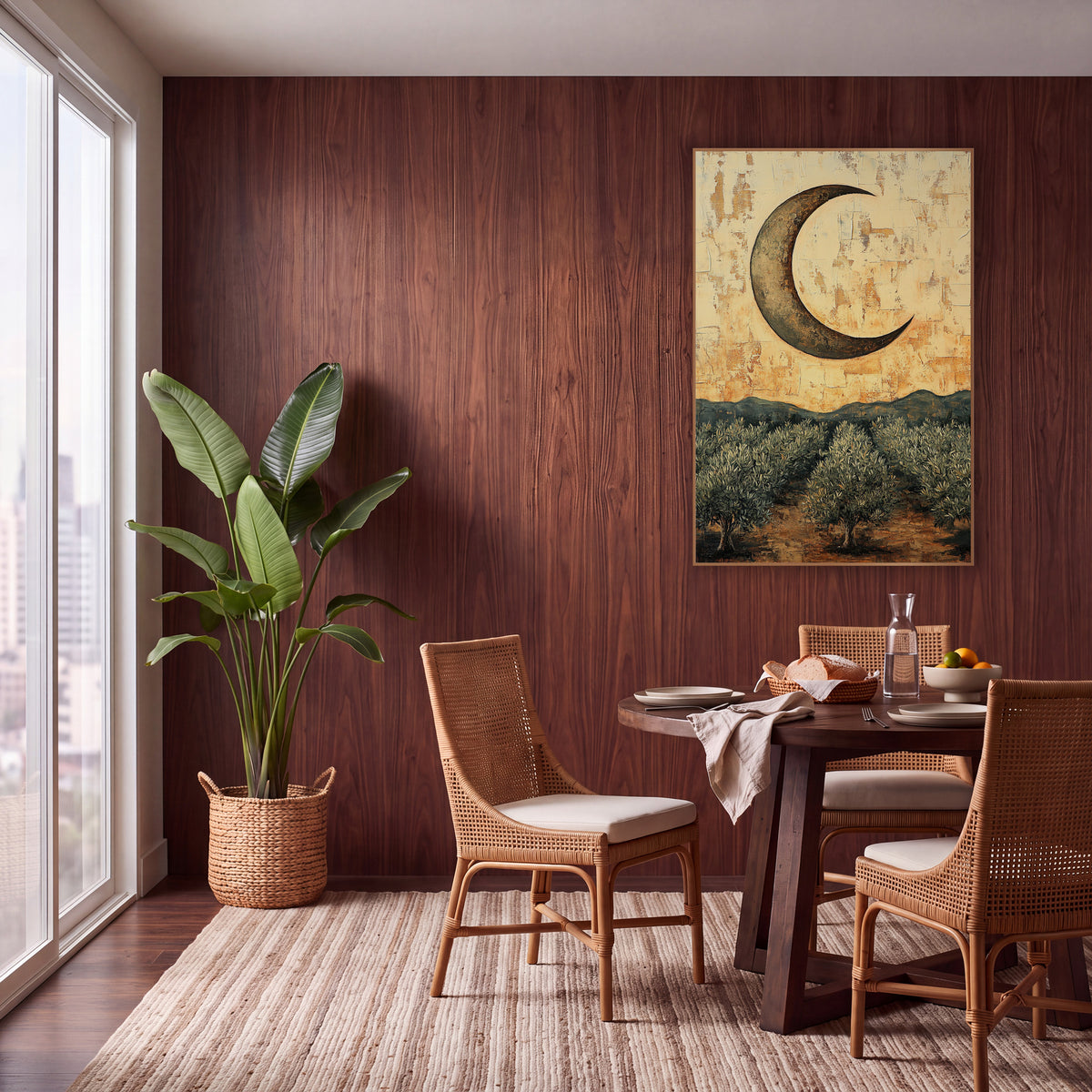 Crescent Moon Olive Grove Boho wall art in a warm boho-style room – bronze crescent moon over rows of silvery olive