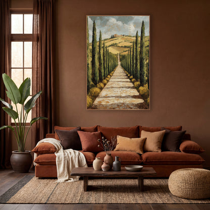 Hilltop Villa Cypress Rows Painterly wall art in a warm boho-style room – tall dark green cypress trees line a pale