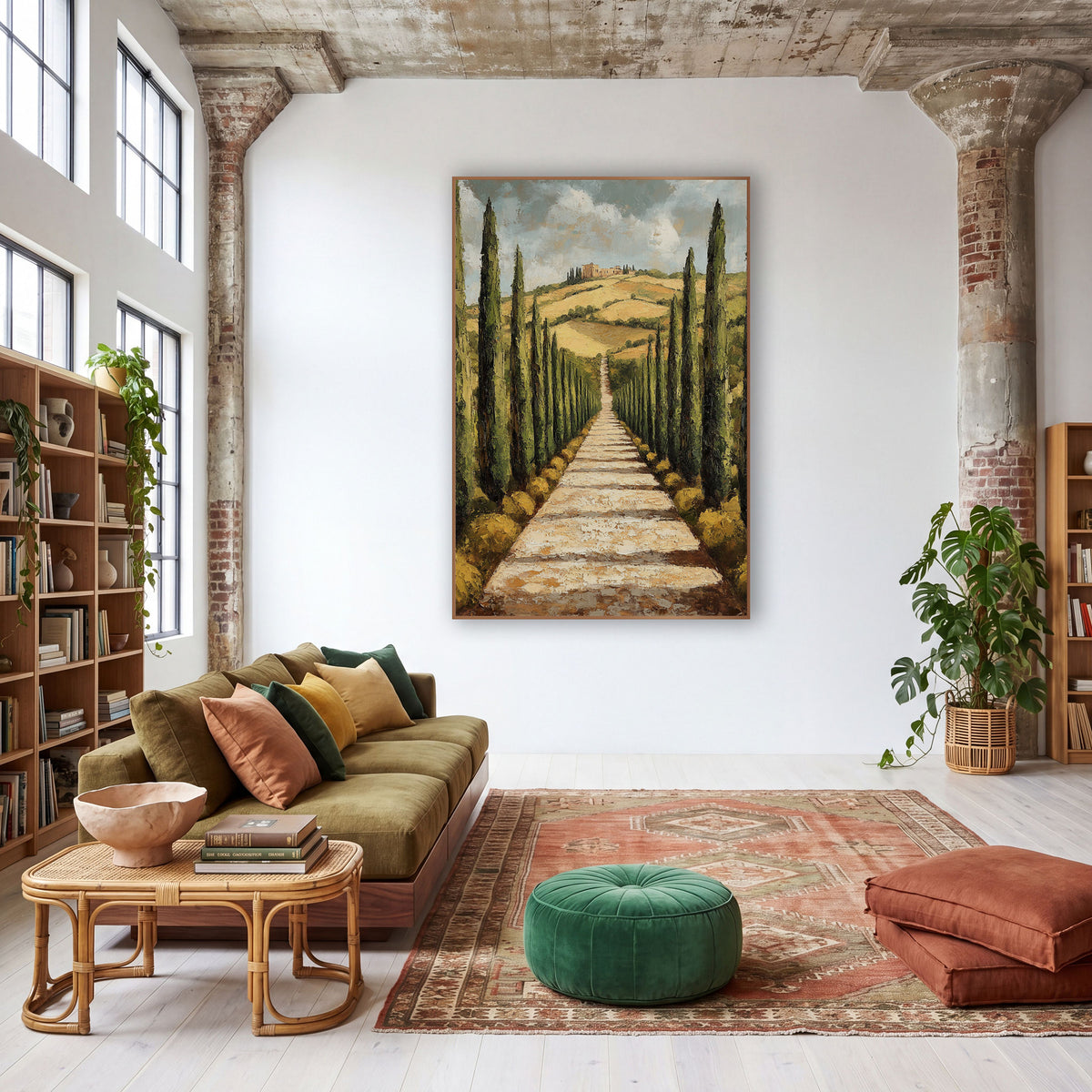 Hilltop Villa Cypress Rows Painterly wall art in a warm boho-style room – tall dark green cypress trees line a pale