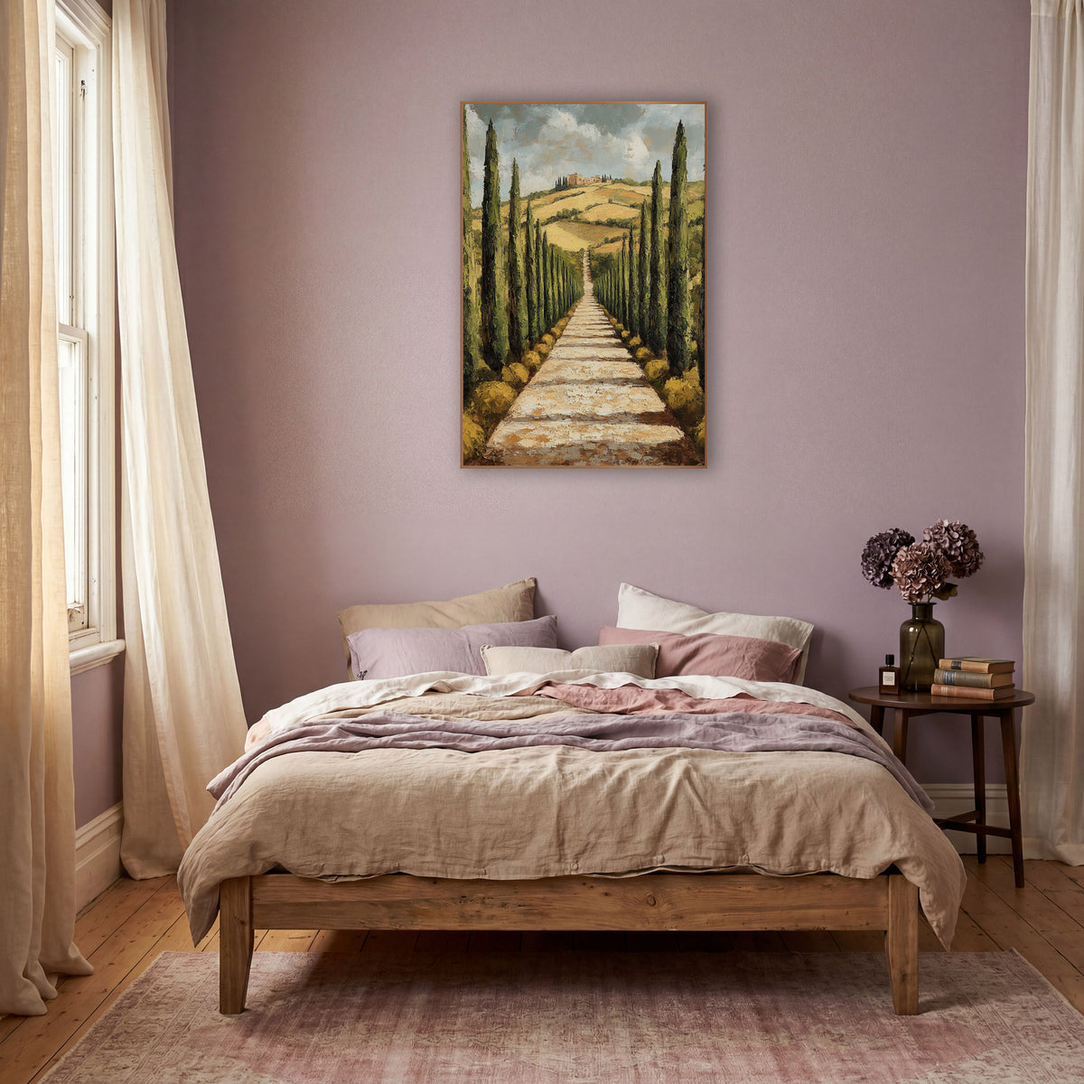 Hilltop Villa Cypress Rows Painterly wall art in a warm boho-style room – tall dark green cypress trees line a pale
