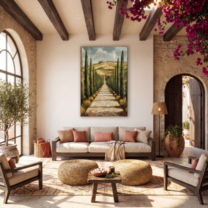 Hilltop Villa Cypress Rows Painterly wall art in a warm boho-style room – tall dark green cypress trees line a pale
