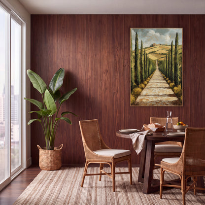 Hilltop Villa Cypress Rows Painterly wall art in a warm boho-style room – tall dark green cypress trees line a pale