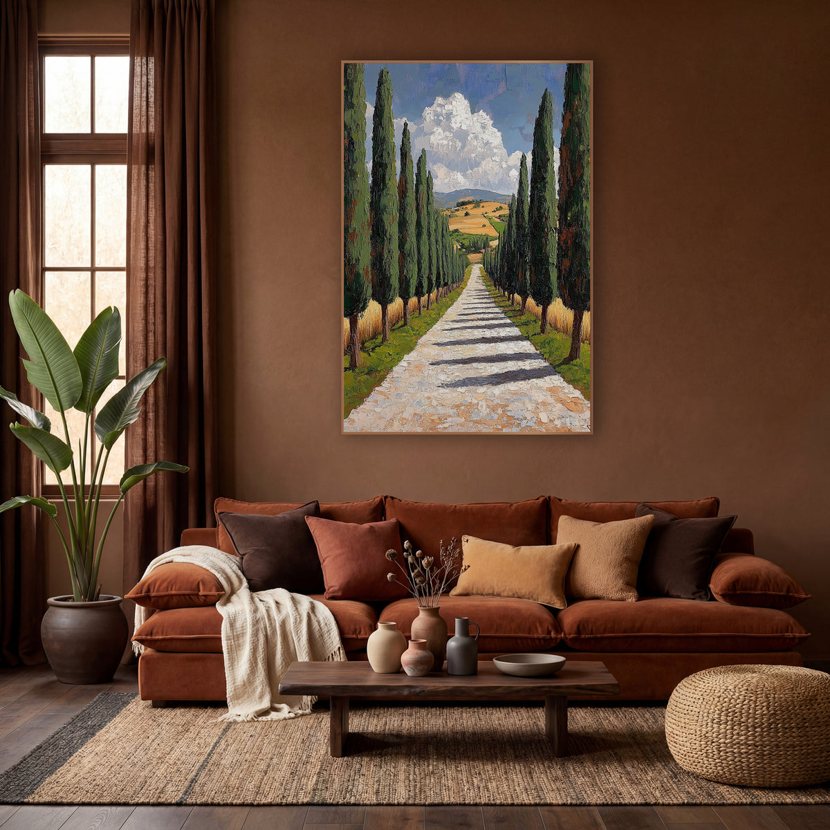 Cypress Lane Mediterranean Landscape wall art in a warm boho-style room – tall cypress trees line a pale gravel path