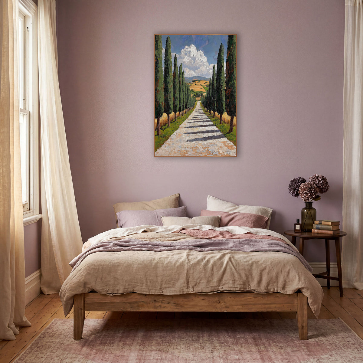 Cypress Lane Mediterranean Landscape wall art in a warm boho-style room – tall cypress trees line a pale gravel path