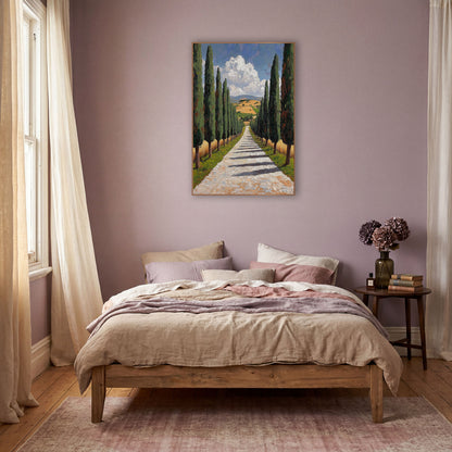 Cypress Lane Mediterranean Landscape wall art in a warm boho-style room – tall cypress trees line a pale gravel path