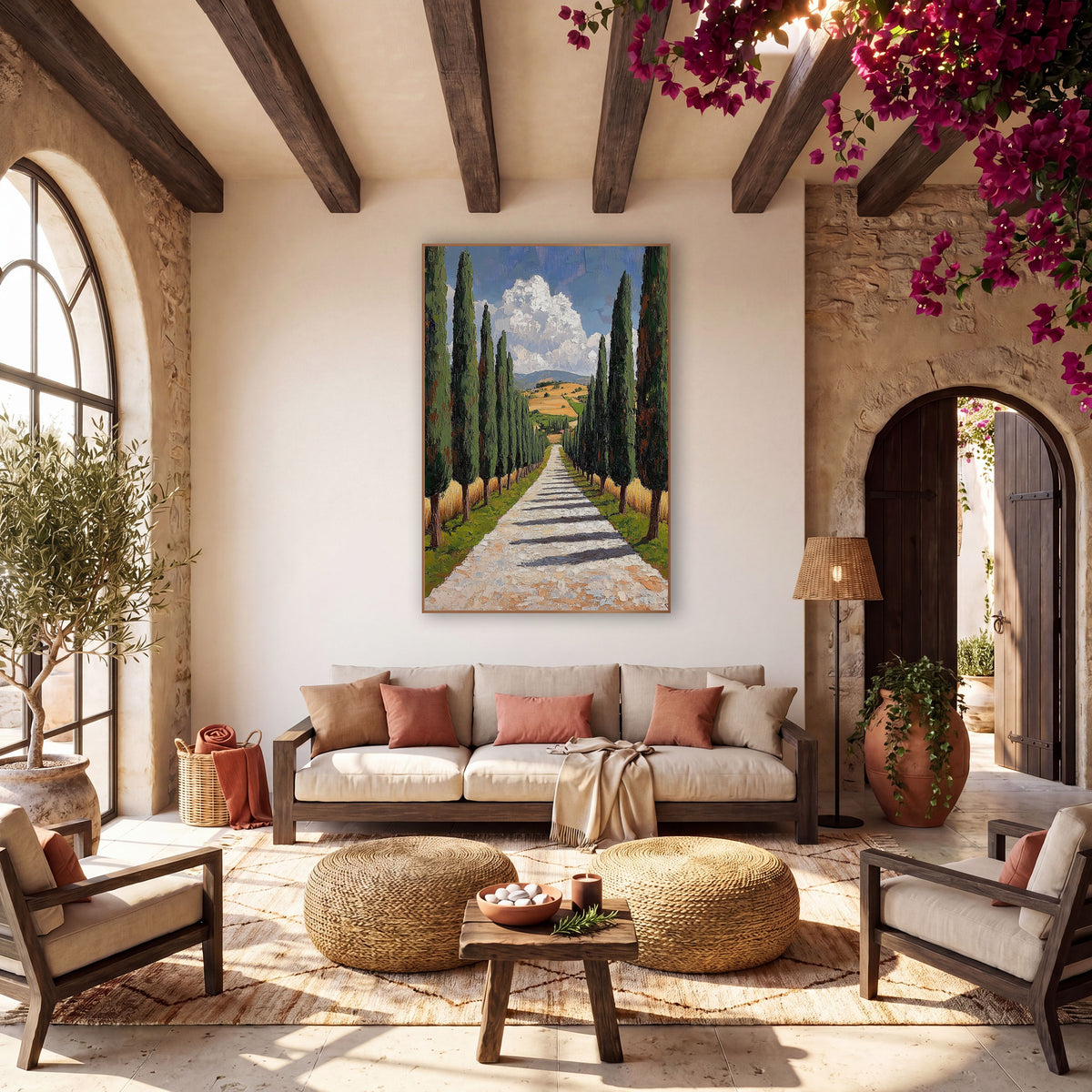 Cypress Lane Mediterranean Landscape wall art in a warm boho-style room – tall cypress trees line a pale gravel path