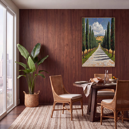 Cypress Lane Mediterranean Landscape wall art in a warm boho-style room – tall cypress trees line a pale gravel path