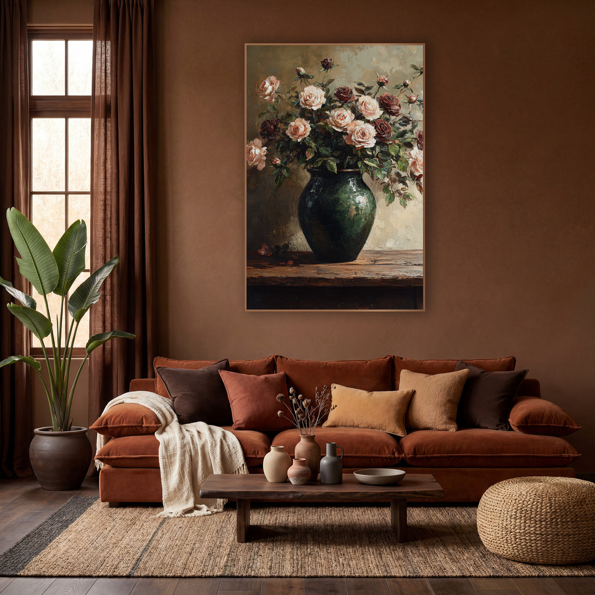 Blush and Burgundy Roses Floral wall art in a warm boho-style room – blush pink and burgundy roses in a dark green