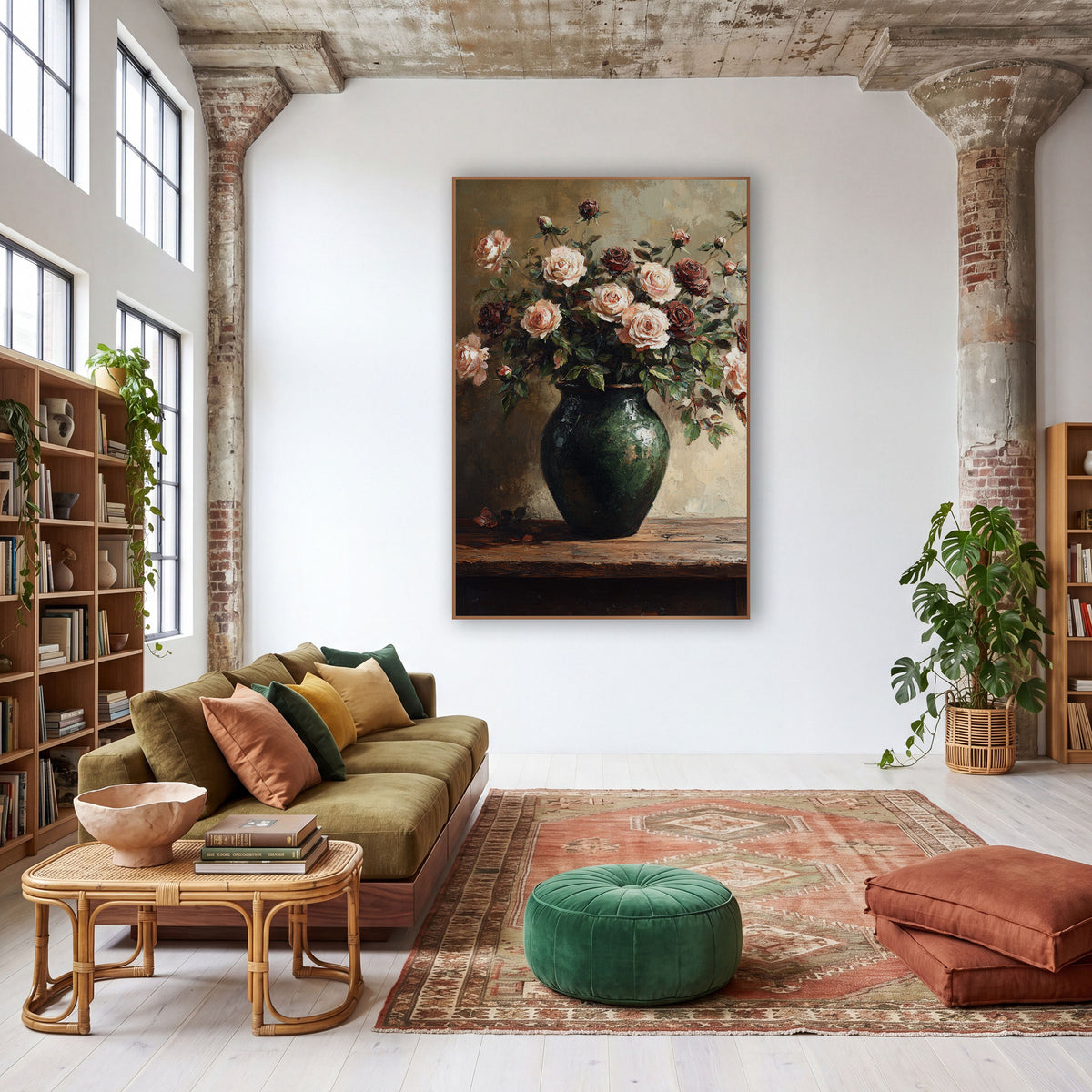 Blush and Burgundy Roses Floral wall art in a warm boho-style room – blush pink and burgundy roses in a dark green