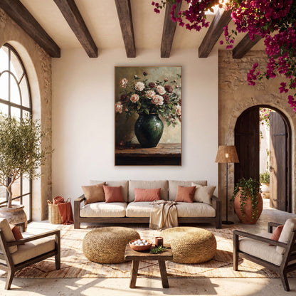 Blush and Burgundy Roses Floral wall art in a warm boho-style room – blush pink and burgundy roses in a dark green
