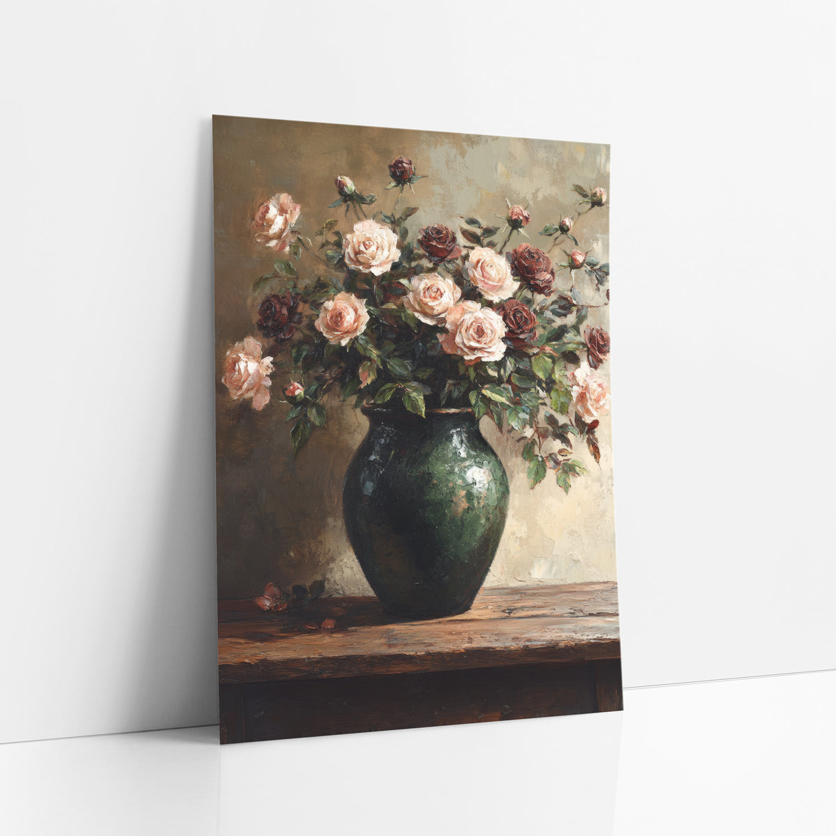 Blush and Burgundy Roses Floral art print leaning against a white wall – blush pink and burgundy roses in a dark green vase