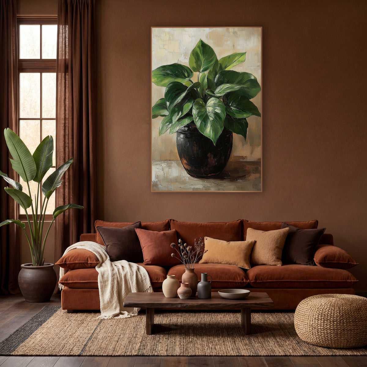 Lush Heartleaf Philodendron Dark Pot wall art in a warm boho-style room – green heart-shaped philodendron leaves