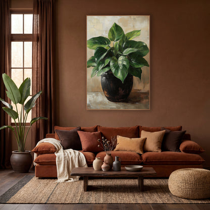 Lush Heartleaf Philodendron Dark Pot wall art in a warm boho-style room – green heart-shaped philodendron leaves