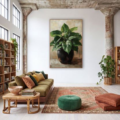 Lush Heartleaf Philodendron Dark Pot wall art in a warm boho-style room – green heart-shaped philodendron leaves