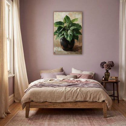 Lush Heartleaf Philodendron Dark Pot wall art in a warm boho-style room – green heart-shaped philodendron leaves