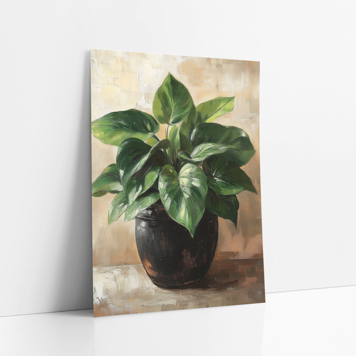 Lush Heartleaf Philodendron Dark Pot art print leaning against a white wall – green heart-shaped philodendron leaves
