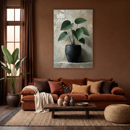 Slender Philodendron Gray Wall Study wall art in a warm boho-style room – deep green philodendron with heart-shaped