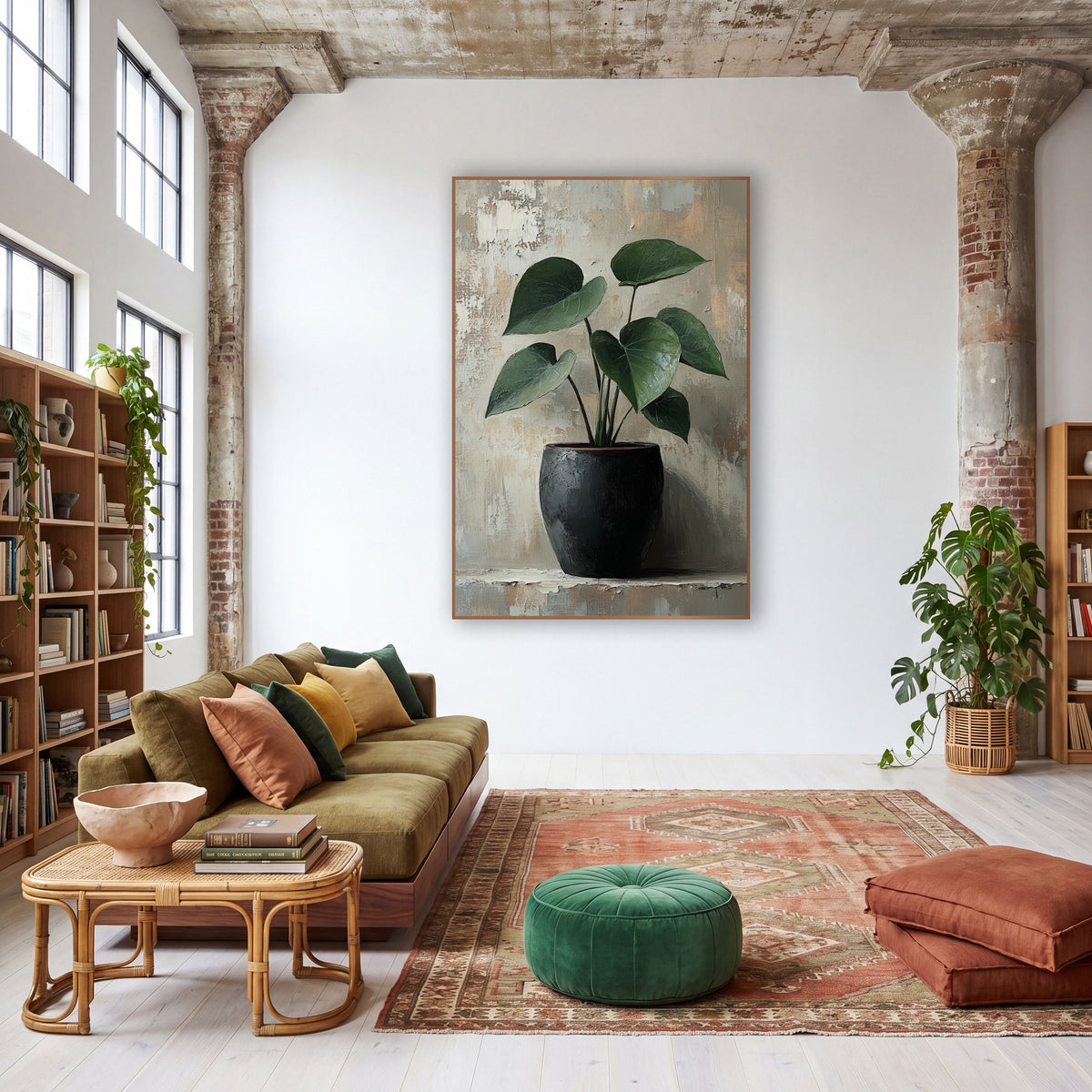 Slender Philodendron Gray Wall Study wall art in a warm boho-style room – deep green philodendron with heart-shaped