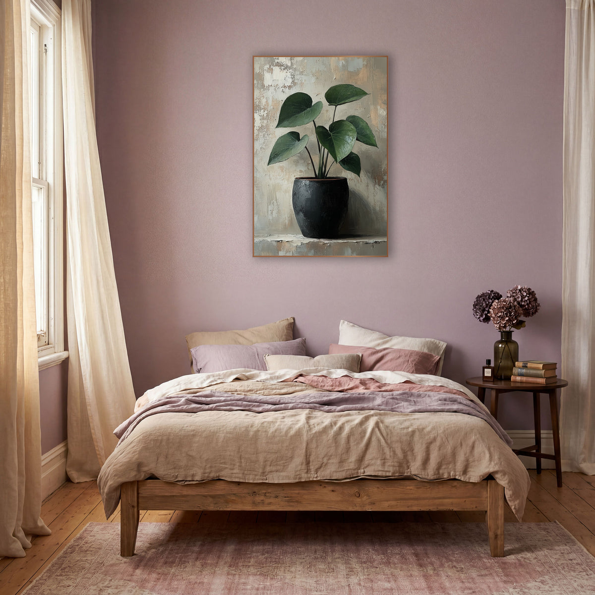 Slender Philodendron Gray Wall Study wall art in a warm boho-style room – deep green philodendron with heart-shaped