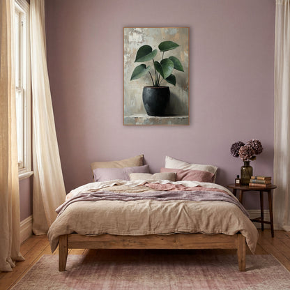 Slender Philodendron Gray Wall Study wall art in a warm boho-style room – deep green philodendron with heart-shaped