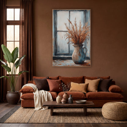 Copper Plume Dark Window Rustic wall art in a warm boho-style room – dried copper grass plumes in a beige and blue jug