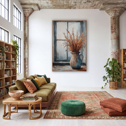 Copper Plume Dark Window Rustic wall art in a warm boho-style room – dried copper grass plumes in a beige and blue jug