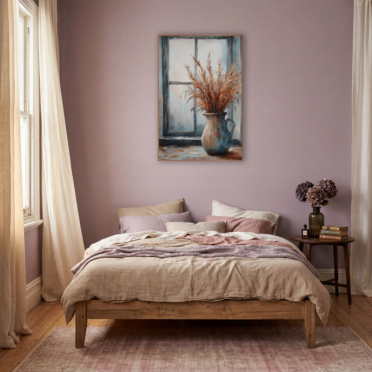 Copper Plume Dark Window Rustic wall art in a warm boho-style room – dried copper grass plumes in a beige and blue jug