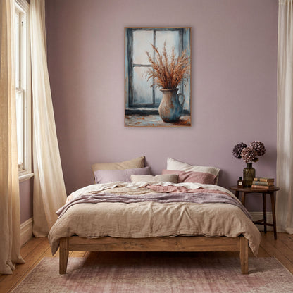 Copper Plume Dark Window Rustic wall art in a warm boho-style room – dried copper grass plumes in a beige and blue jug