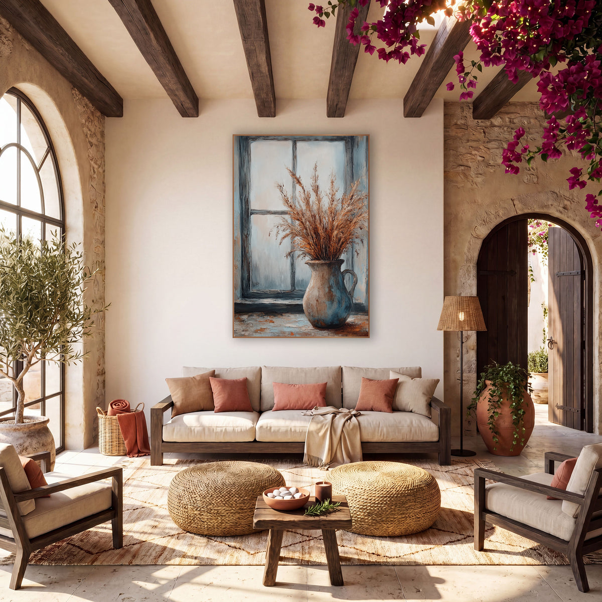 Copper Plume Dark Window Rustic wall art in a warm boho-style room – dried copper grass plumes in a beige and blue jug