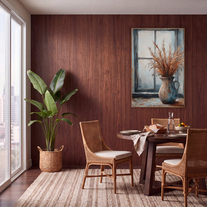 Copper Plume Dark Window Rustic wall art in a warm boho-style room – dried copper grass plumes in a beige and blue jug