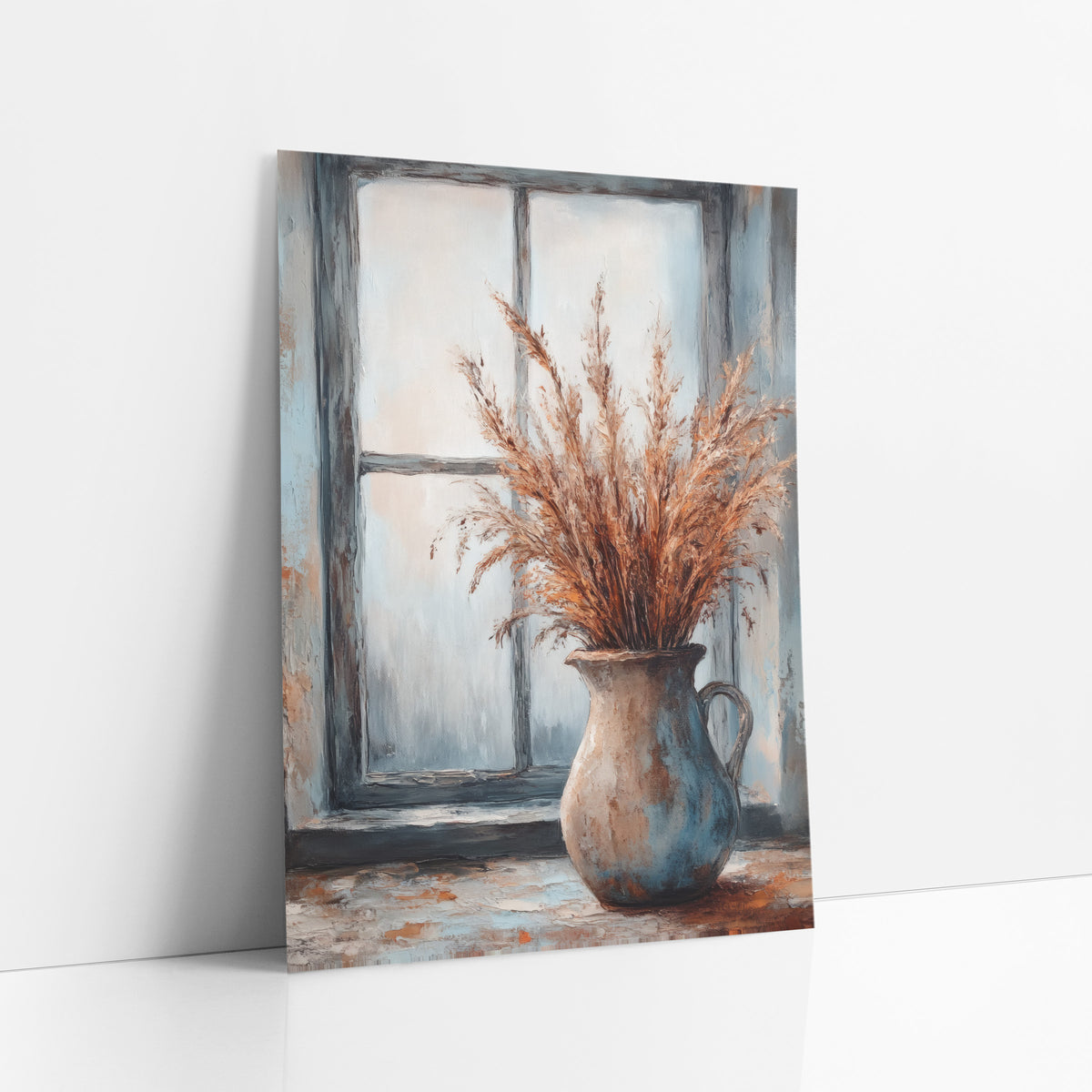 Copper Plume Dark Window Rustic art print leaning against a white wall – dried copper grass plumes in a beige and blue jug