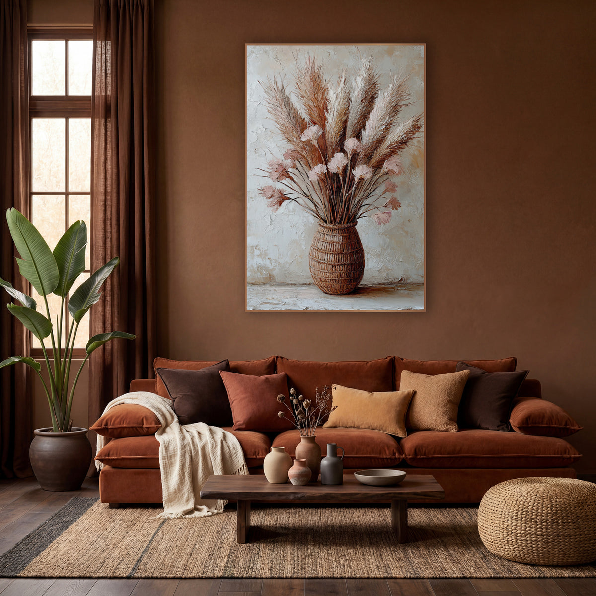 Blush Pampas Rattan Bouquet Boho wall art in a warm boho-style room – pampas grass plumes and blush pink blooms