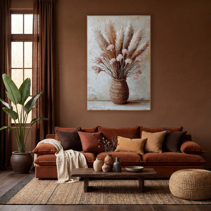 Blush Pampas Rattan Bouquet Boho wall art in a warm boho-style room – pampas grass plumes and blush pink blooms